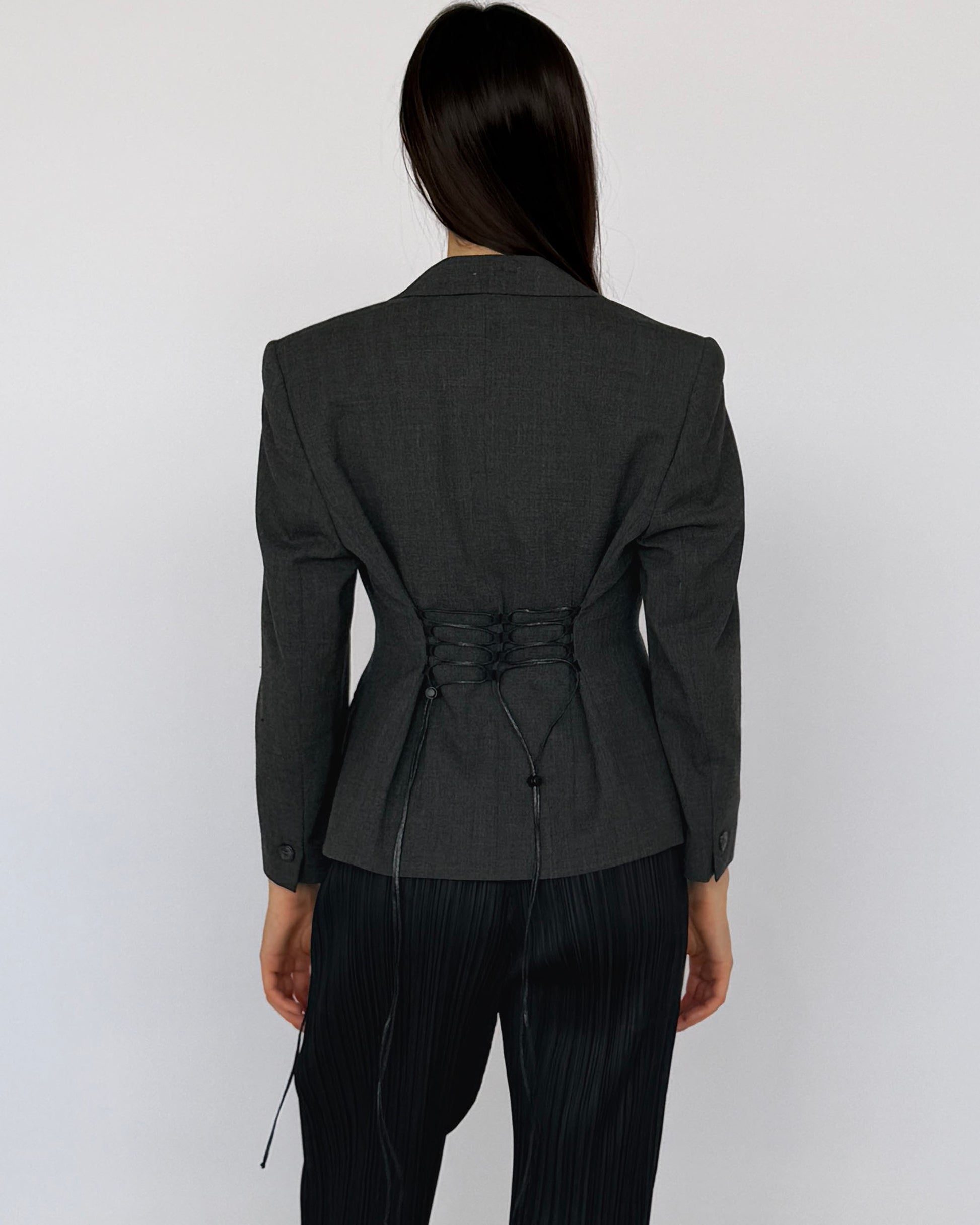 Back view of reworked French Vintage Blazer with back tie details