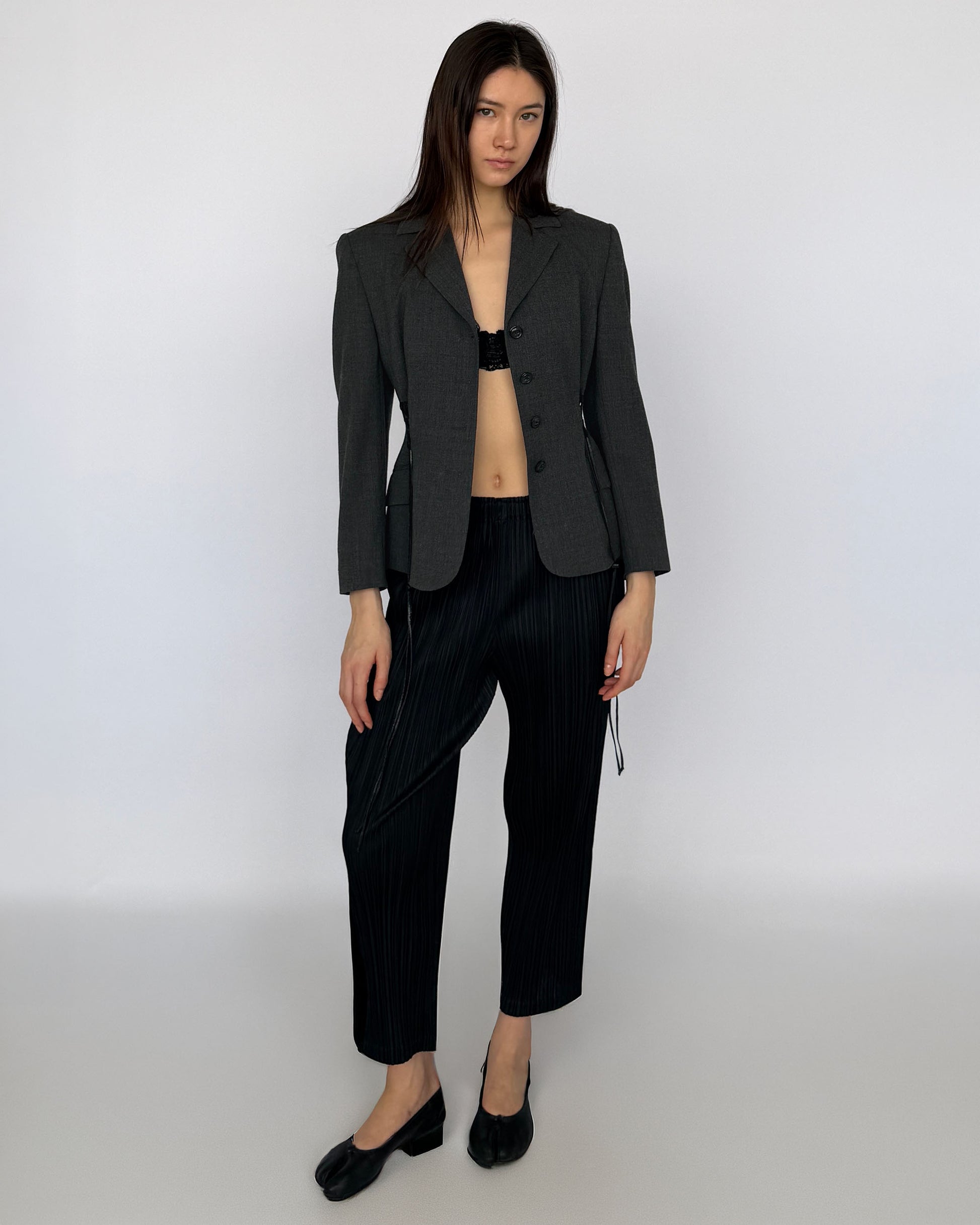 Vintage Reworked French Blazer worn un-buttoned on model