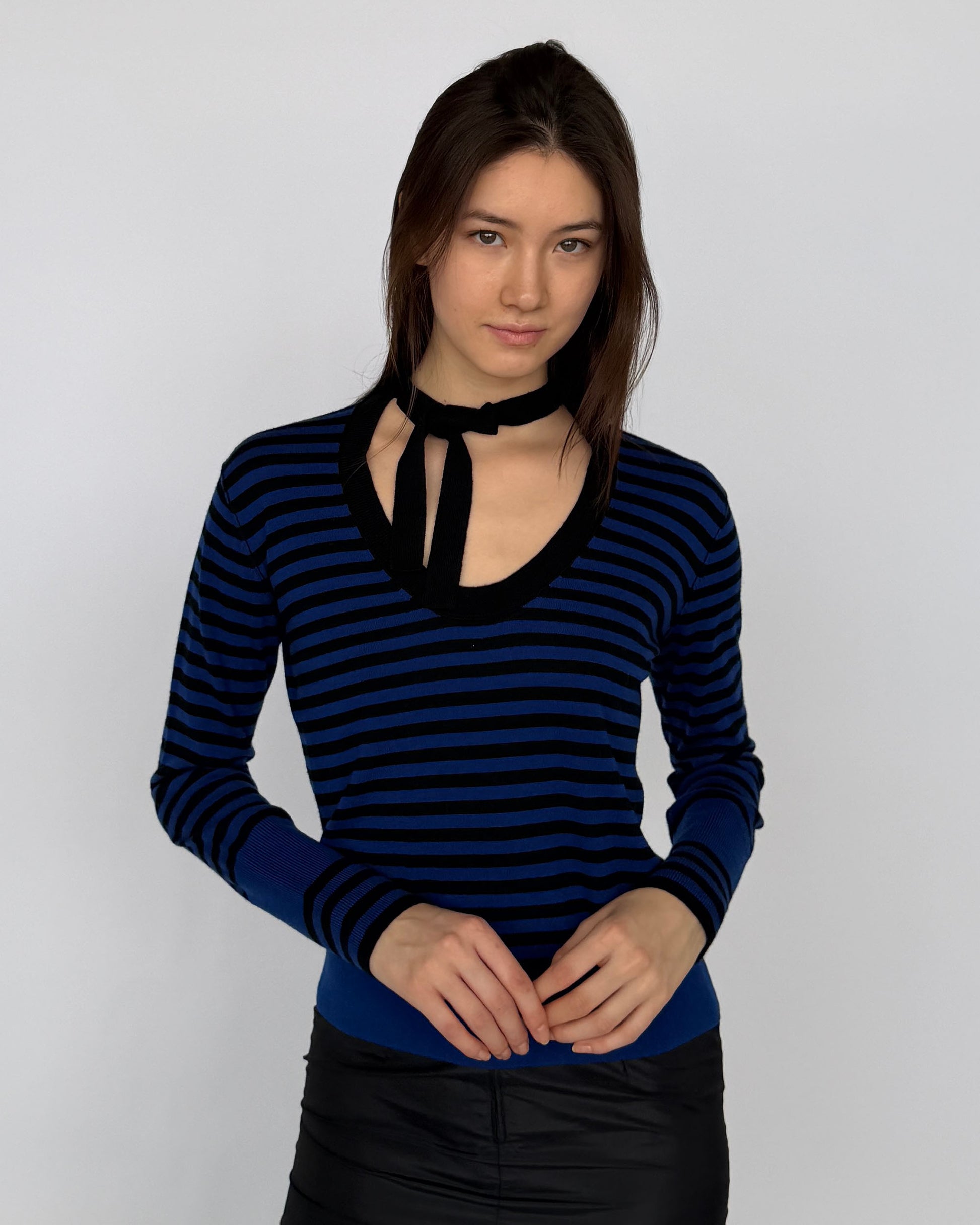 Sonia Rykiel Blue and Black Stripe Sweater with neck tie