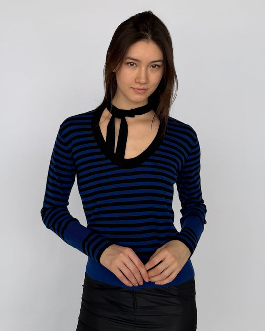 Sonia Rykiel Blue and Black Stripe Sweater with neck tie