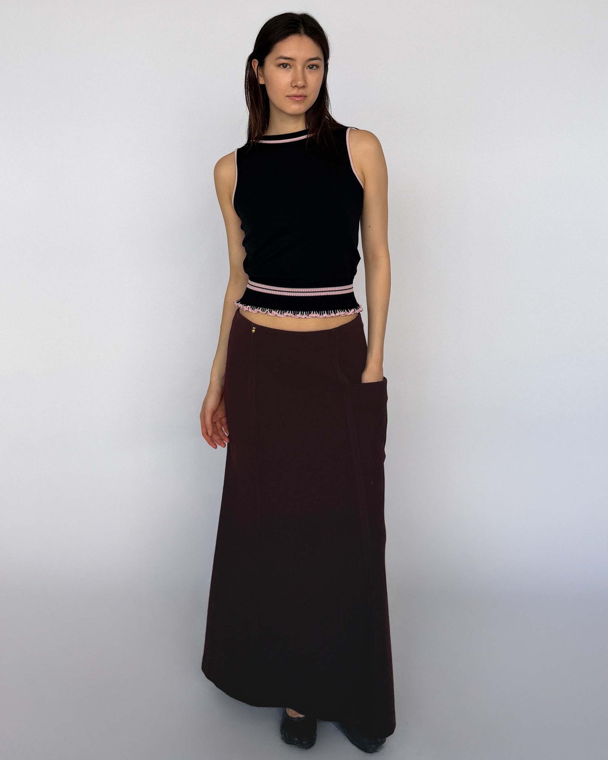 Sonia Rykiel burgundy long wool skirt on model featuring side pocket 