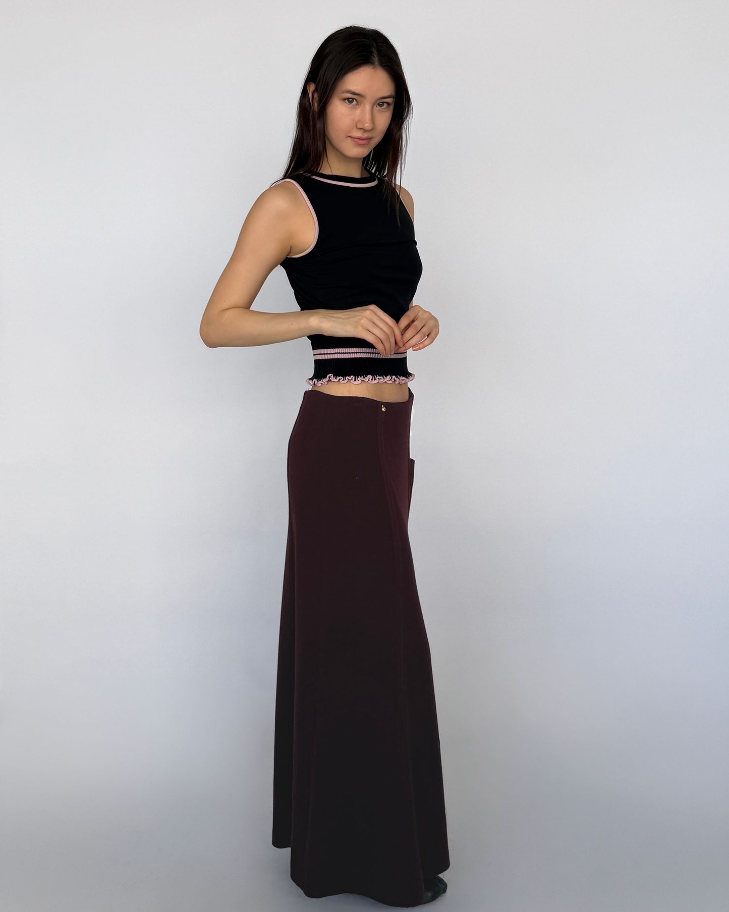 Side view of Sonia Rykiel burgundy long wool skirt
