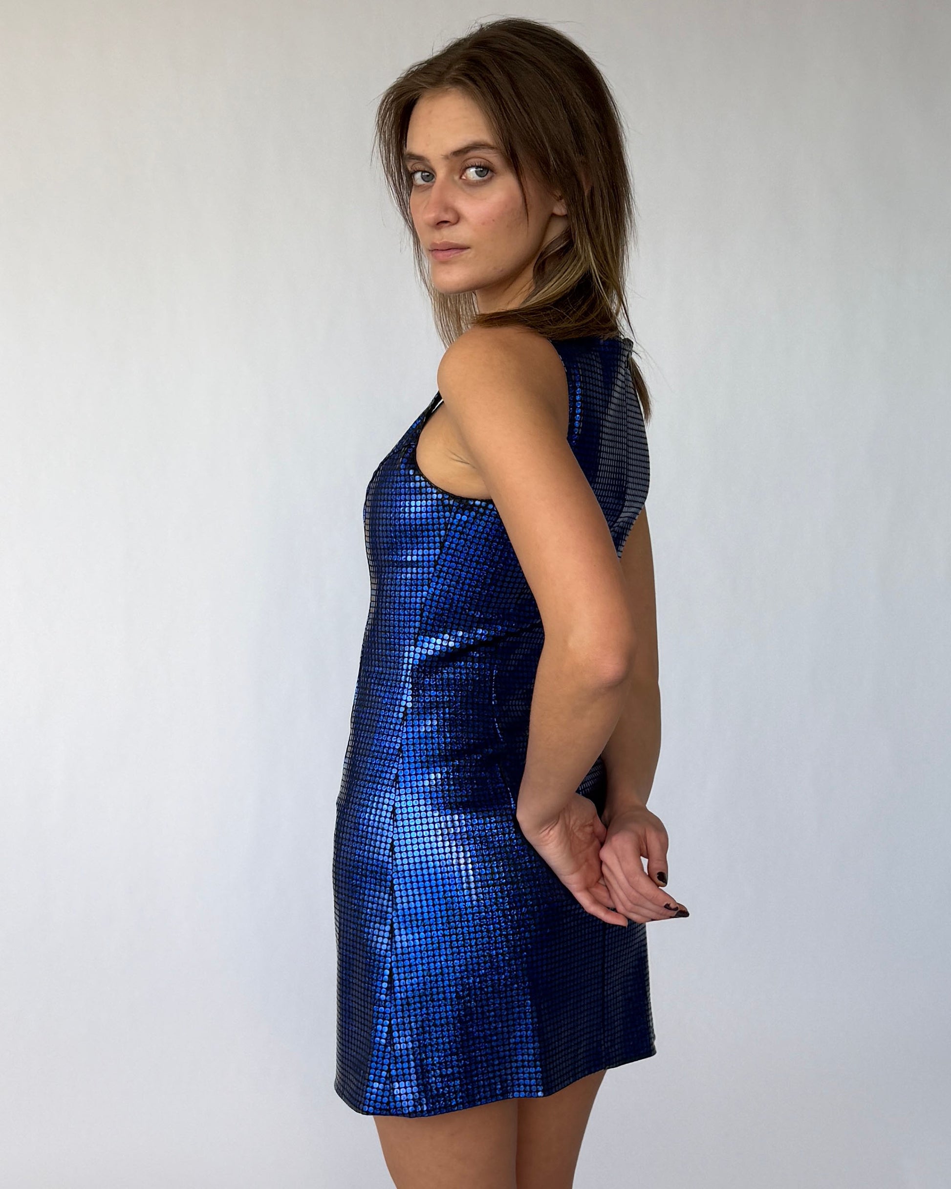 Back view of vintage Versus Versace blue sequin mini dress