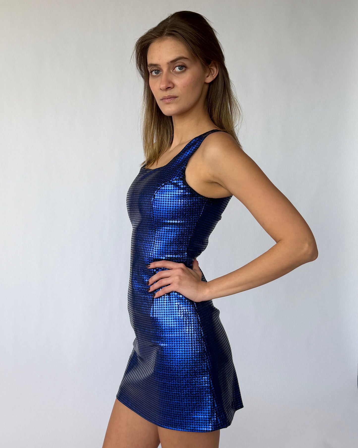 Side view of vintage Versus Versace blue sequin mini dress