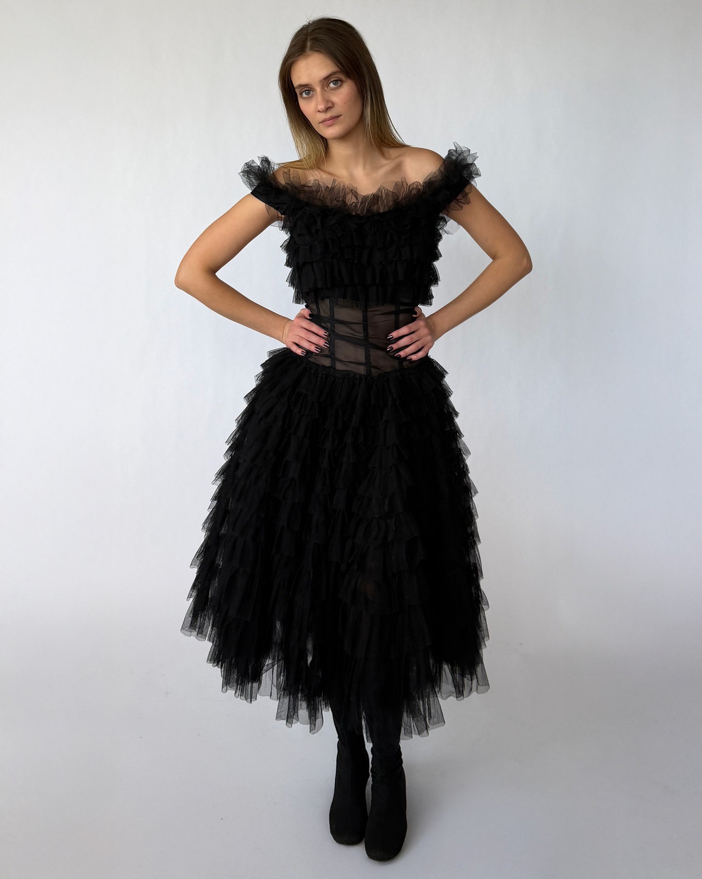 Vintage tulle tea length black dress