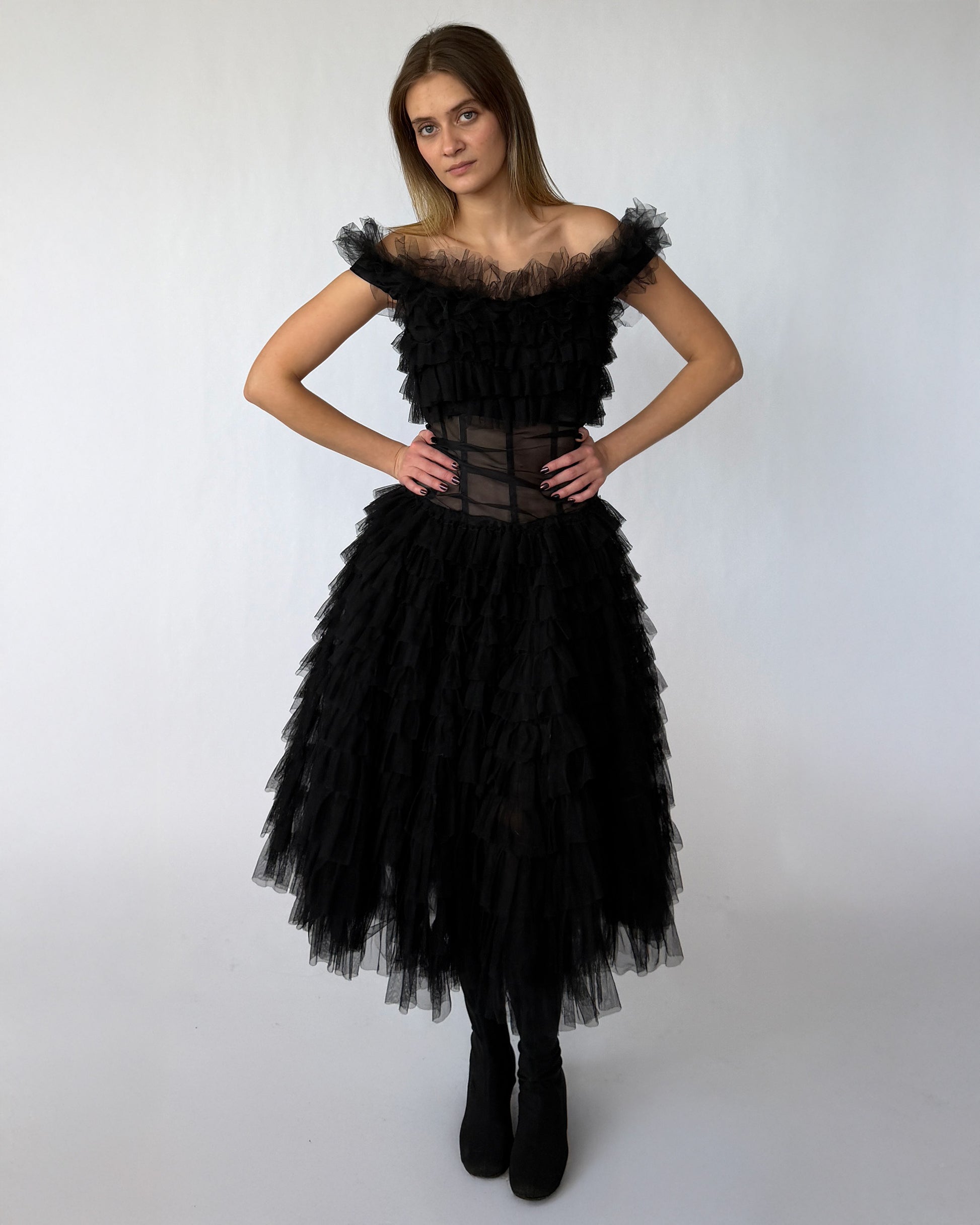 Vintage tulle tea length black dress