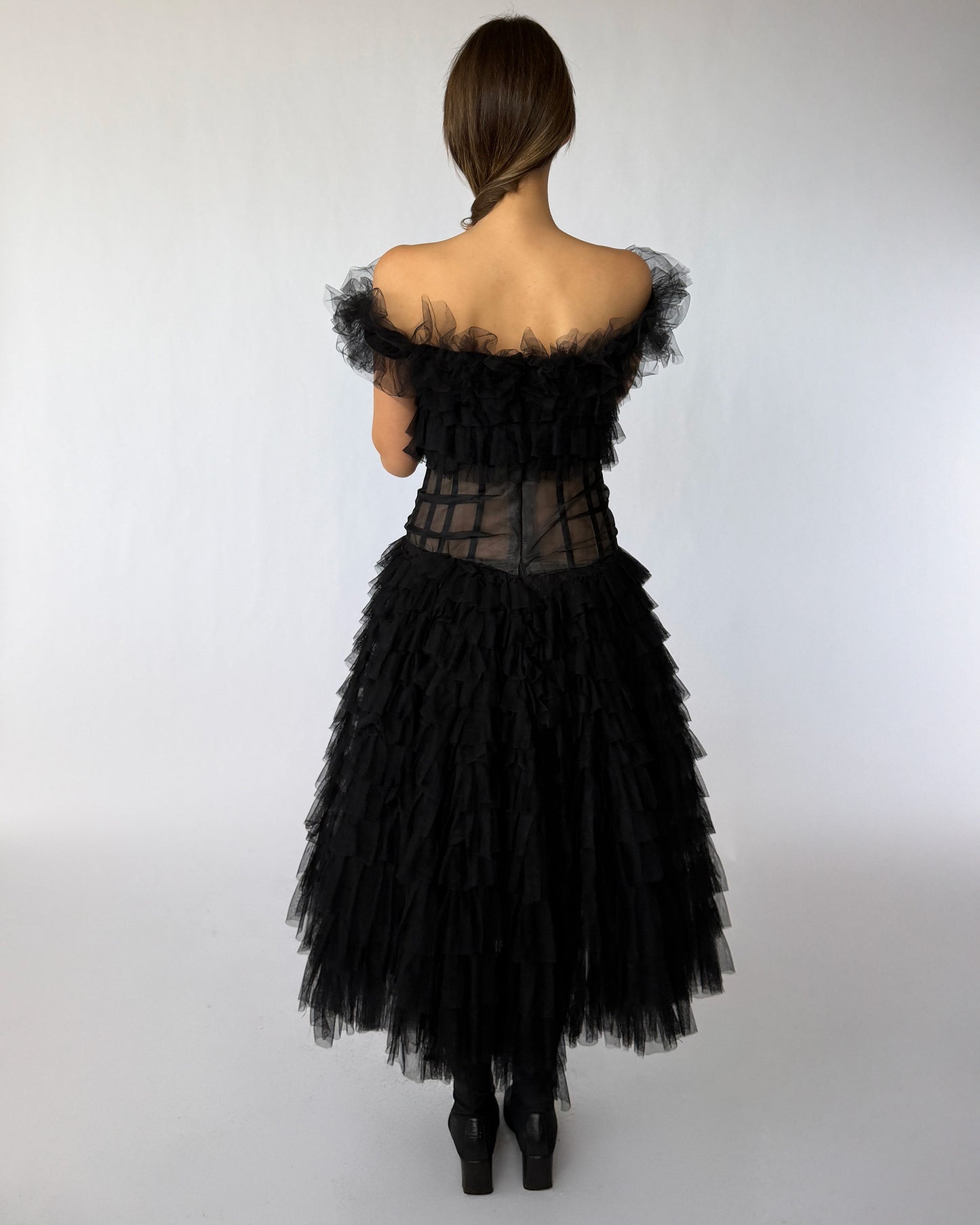 Back view of vintage black tulle tea length dress