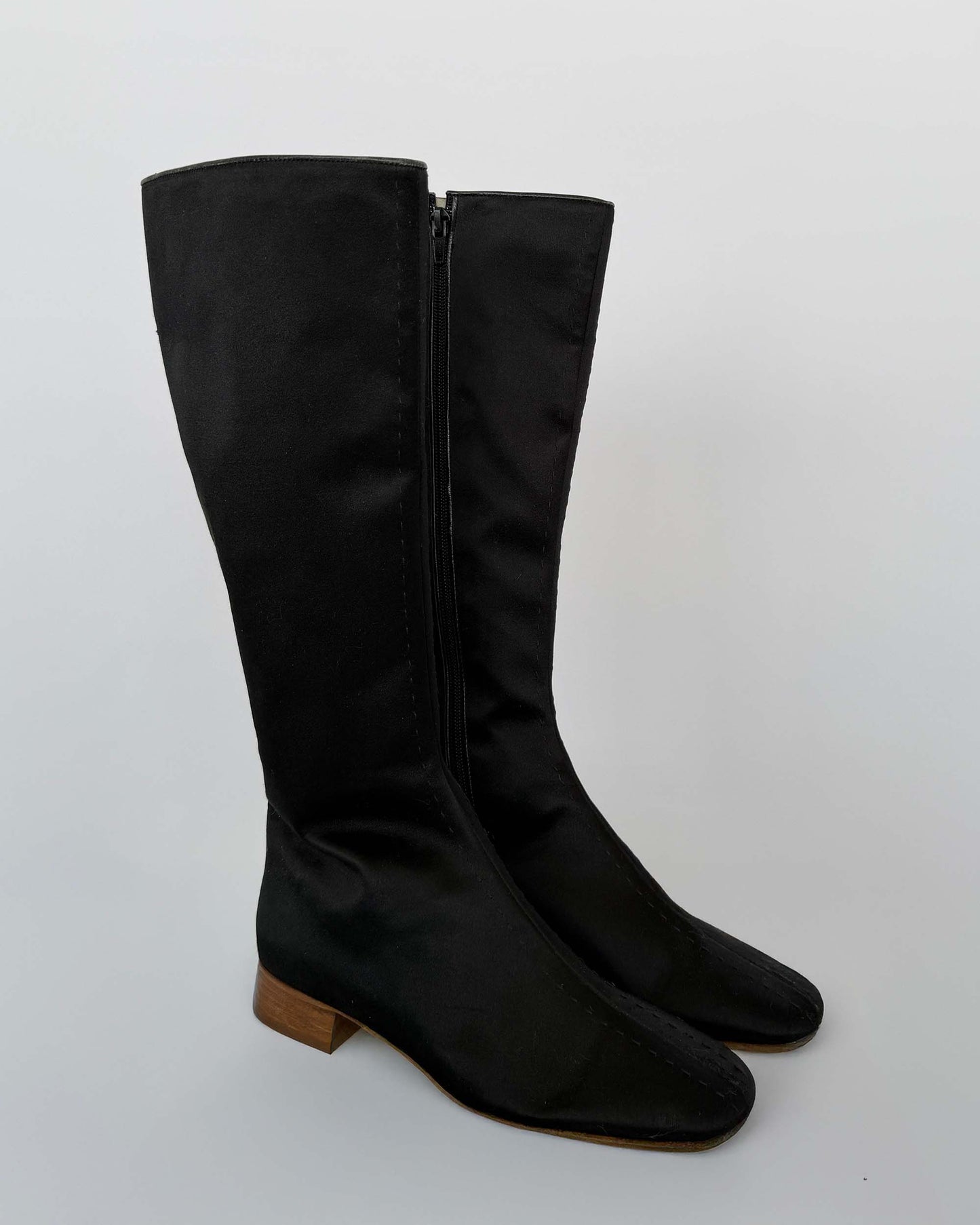 Side view of Valentino Black Satin Tall Boots