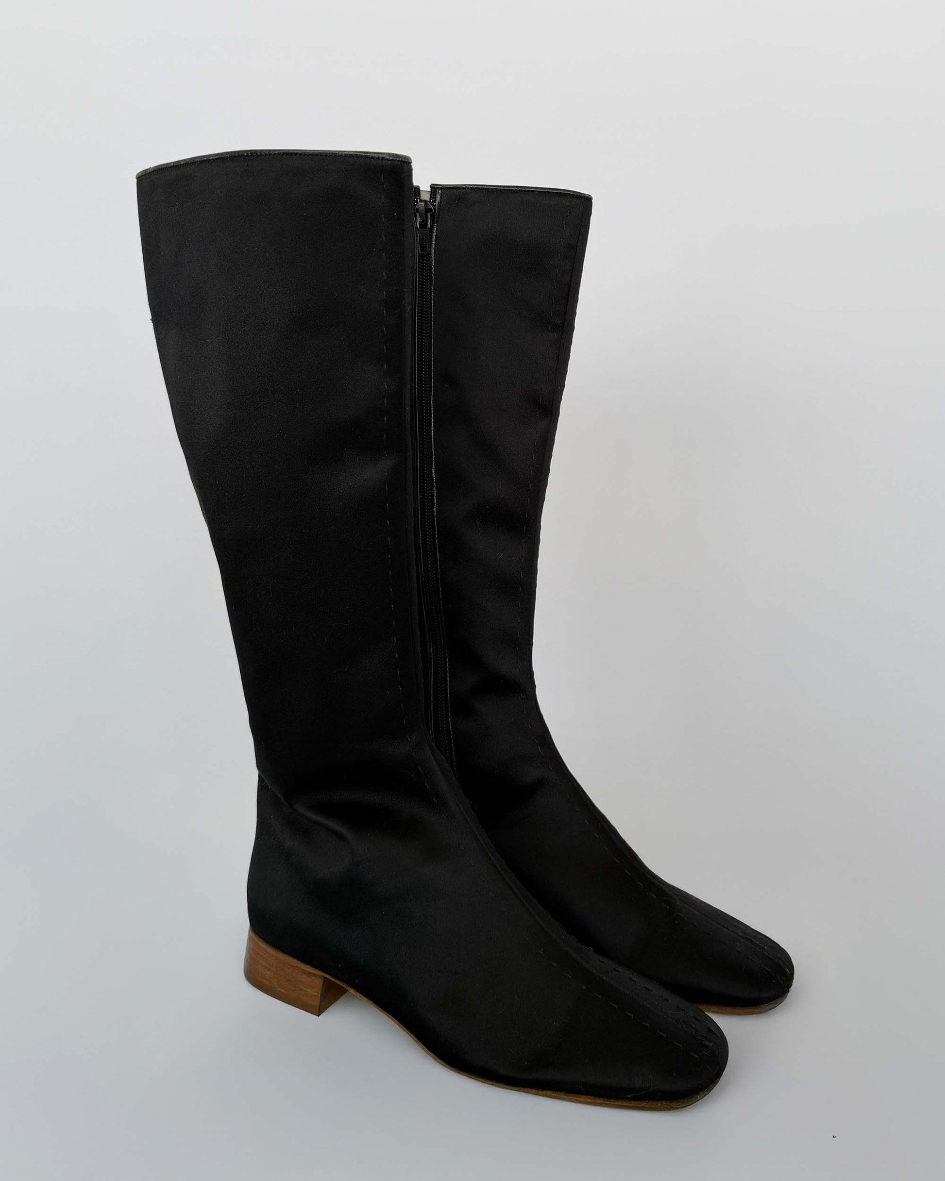 Side view of Valentino Black Satin Tall Boots