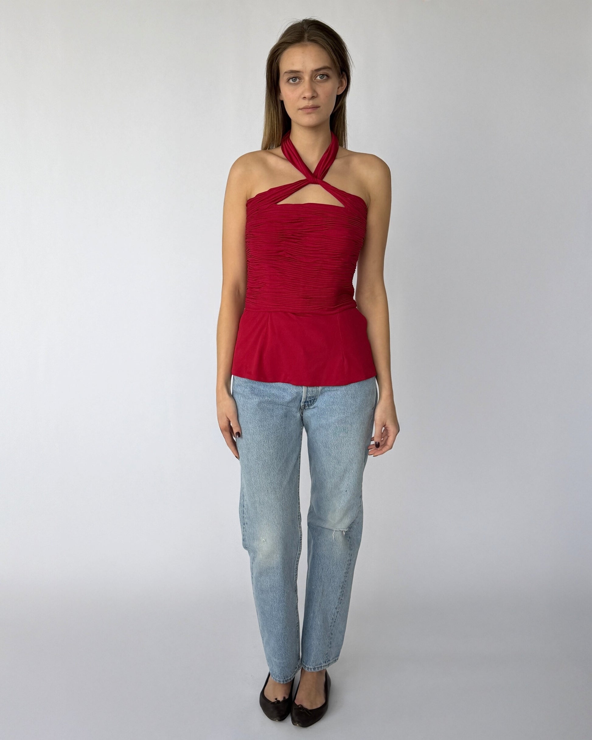 Vintage Gucci corset with ruched bodice on model 