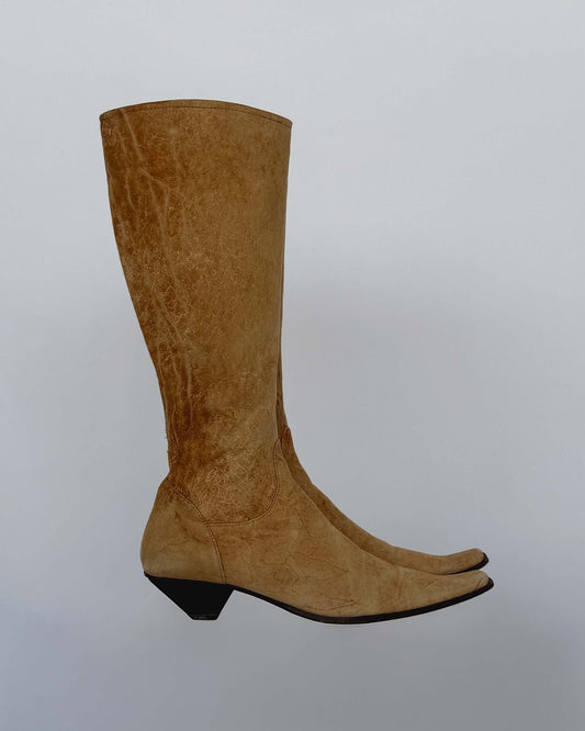 Side view of Italian Vintage Tan Suede Knee High Boots